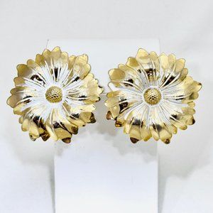 Floral Clip Earrings Gold/White Enamel Vintage